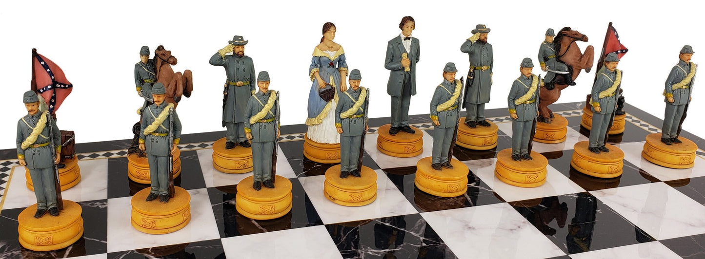US American Civil War Queens Chess Set with 17" Black Faux Marble Storage Board