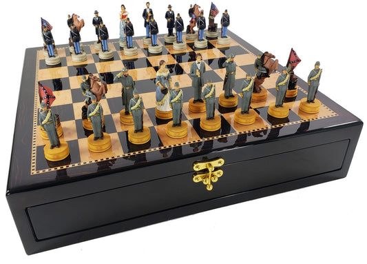 US American Civil War Queens Chess Set with 17" Dark Walnut Color Storage Board