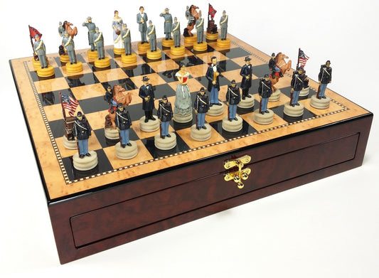 US American Civil War Queens Chess Set with 17" Gloss Walnut Color Storage Board