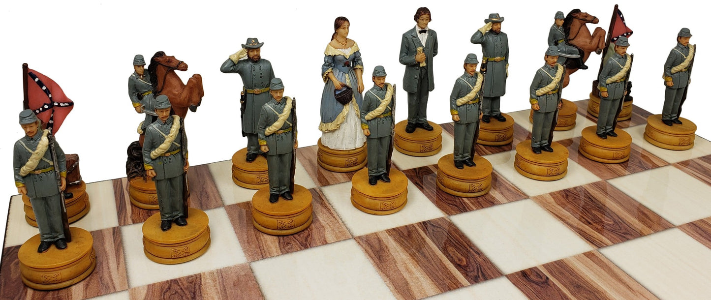 US American Civil War Queens Painted Chess Set with 14 Cedar Color Board