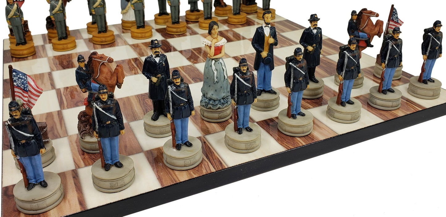 US American Civil War Queens Painted Chess Set with 14 Cedar Color Board