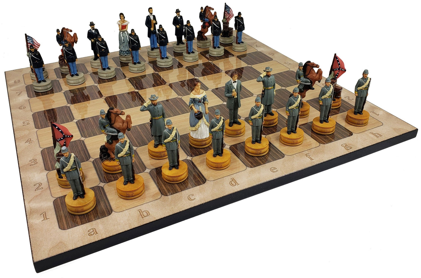 US American Civil War Queens Painted Chess Set W/ 17" Rustic Color Board