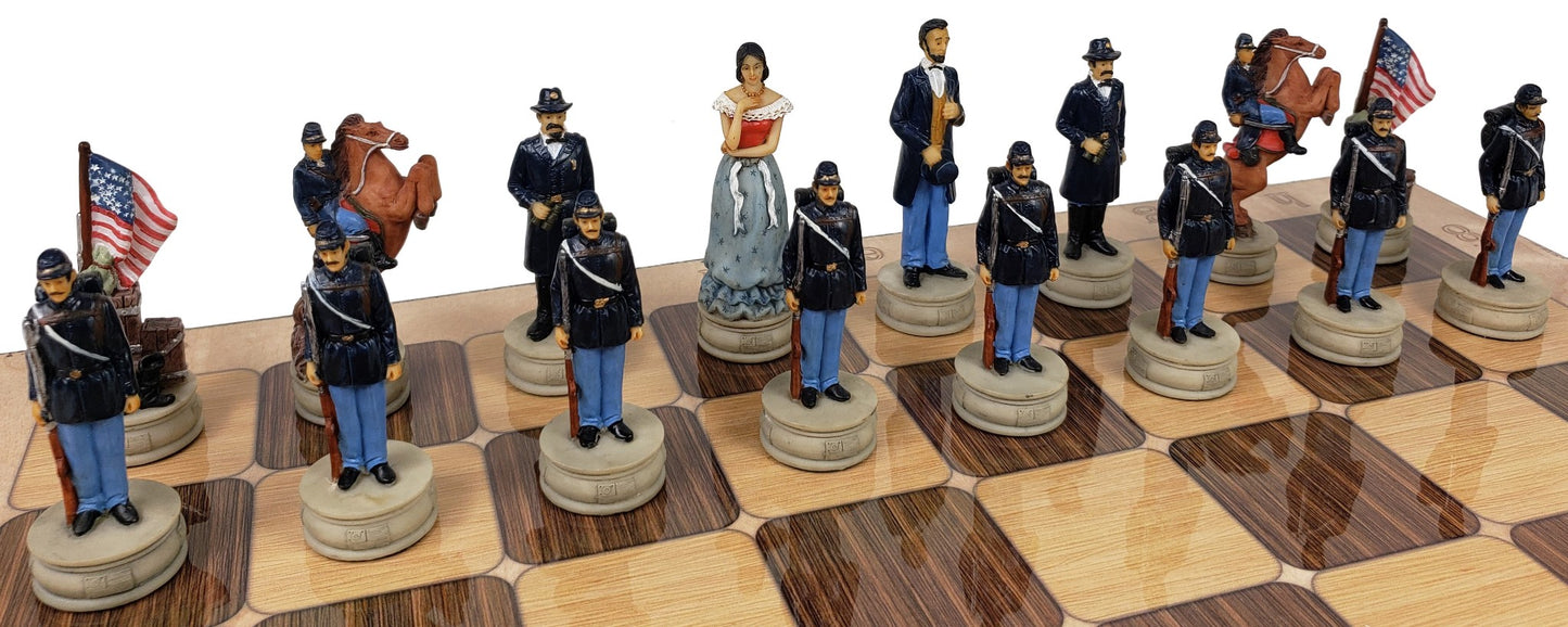 US American Civil War Queens Painted Chess Set W/ 17" Rustic Color Board