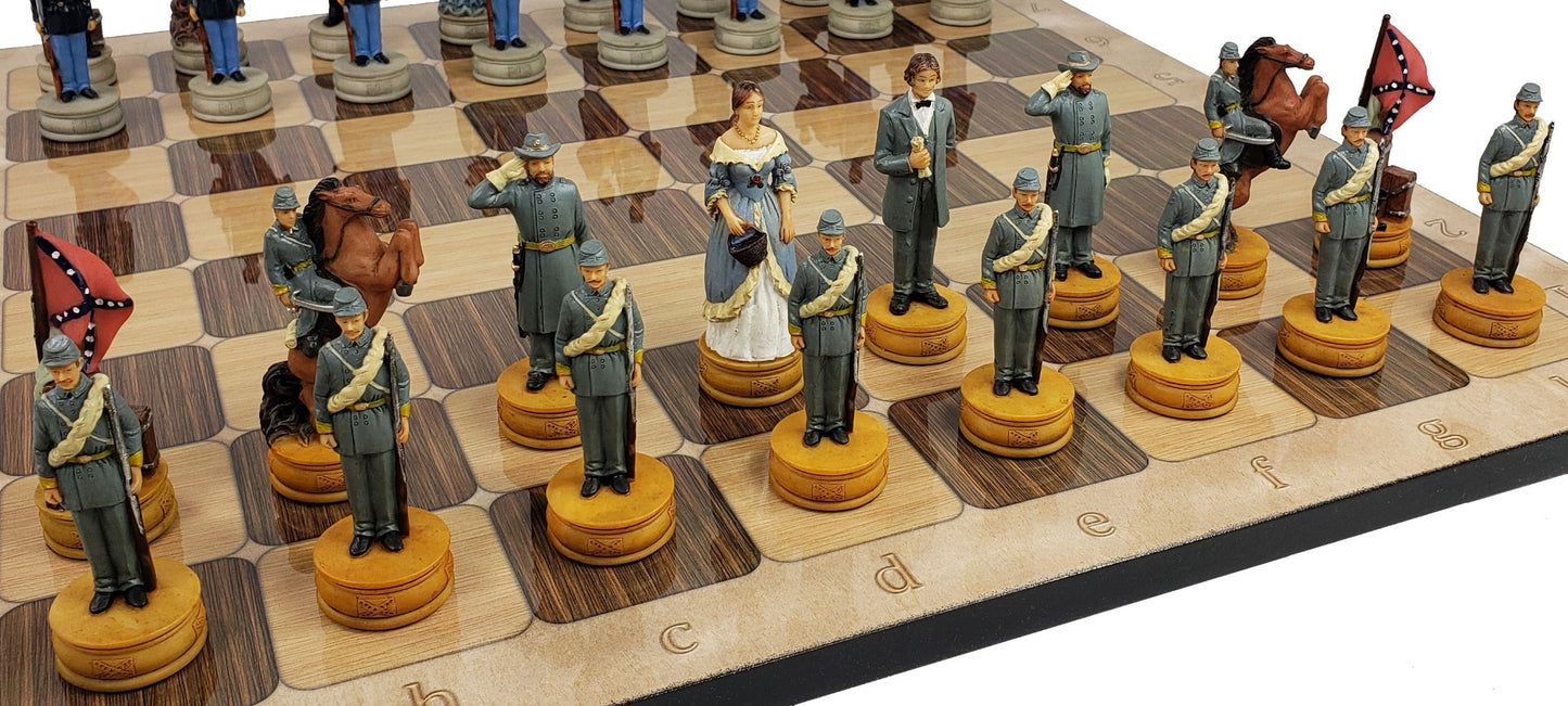 US American Civil War Queens Painted Chess Set W/ 17" Rustic Color Board