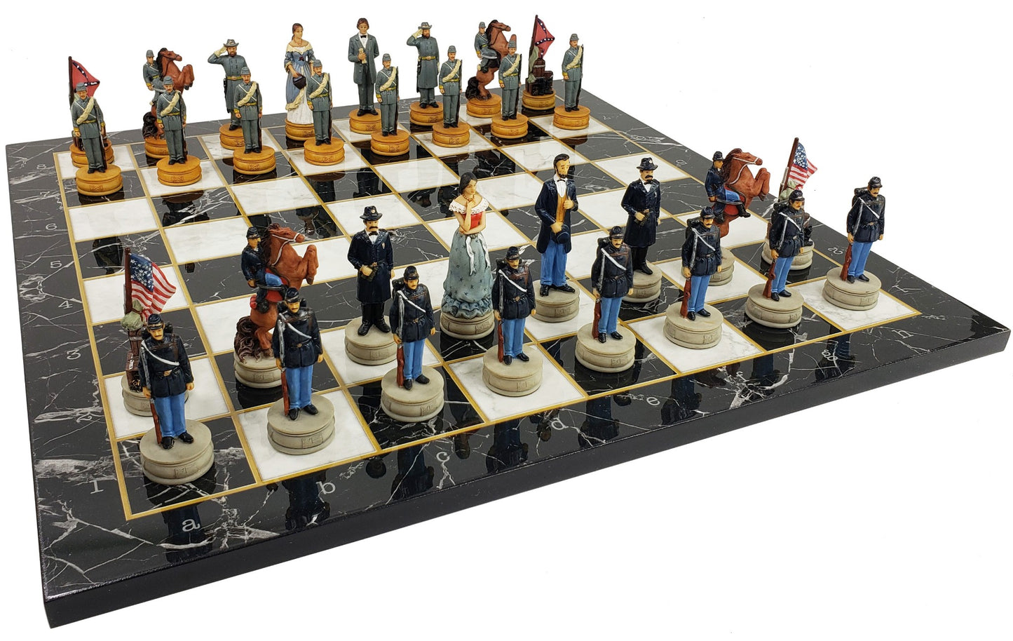 US American Civil War Queens Painted Chess Set W/ 17" Black Marble Color Board