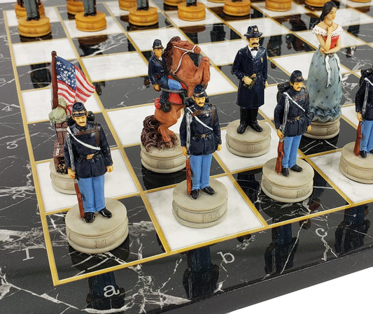 US American Civil War Queens Painted Chess Set W/ 17" Black Marble Color Board