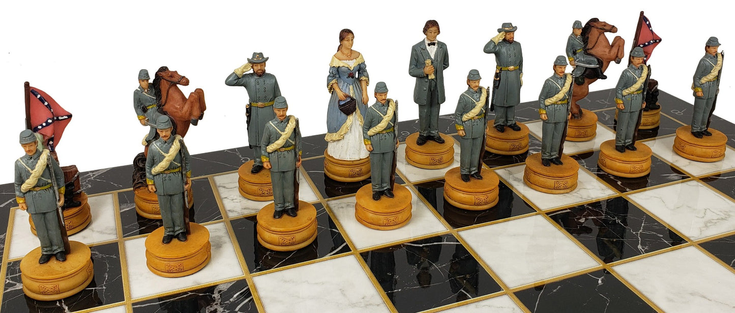 US American Civil War Queens Painted Chess Set W/ 17" Black Marble Color Board