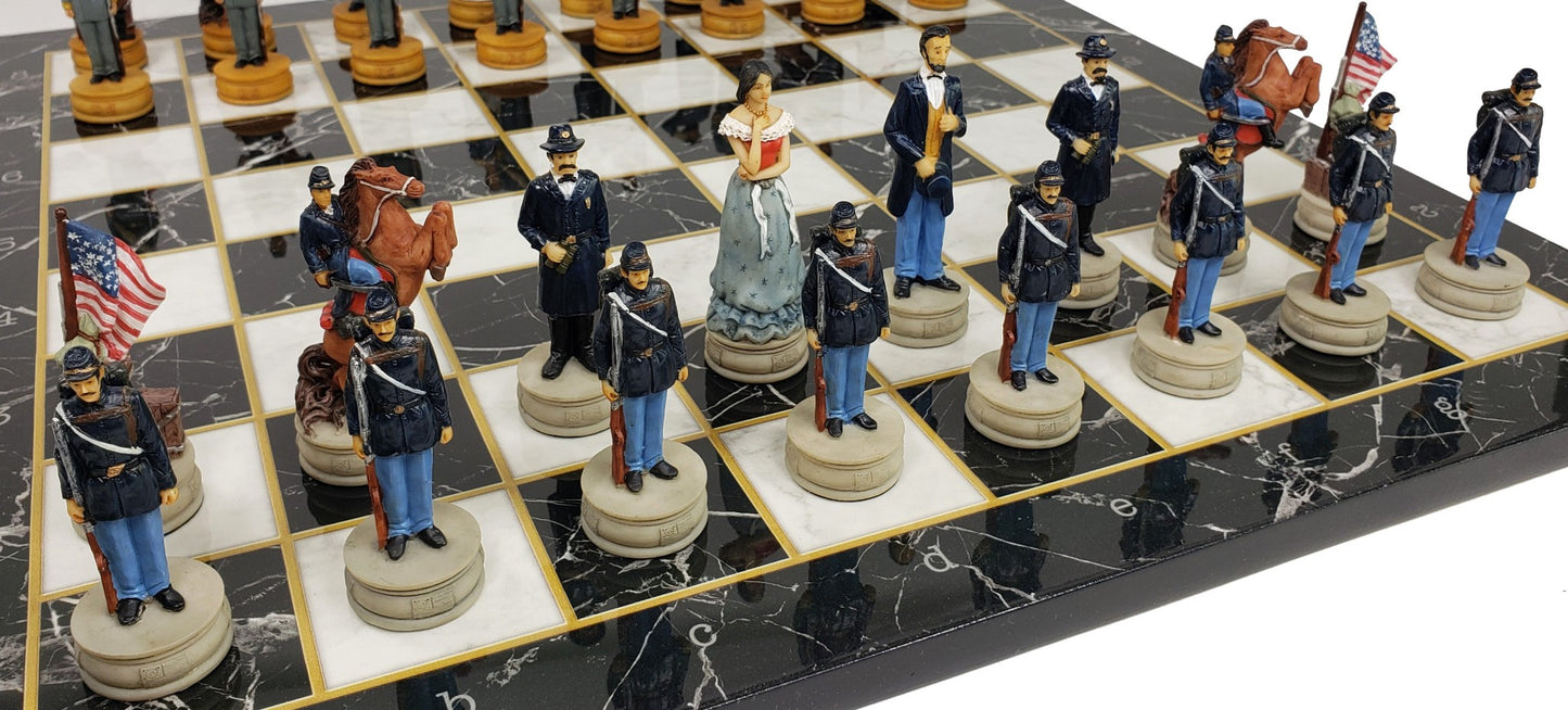 US American Civil War Queens Painted Chess Set W/ 17" Black Marble Color Board