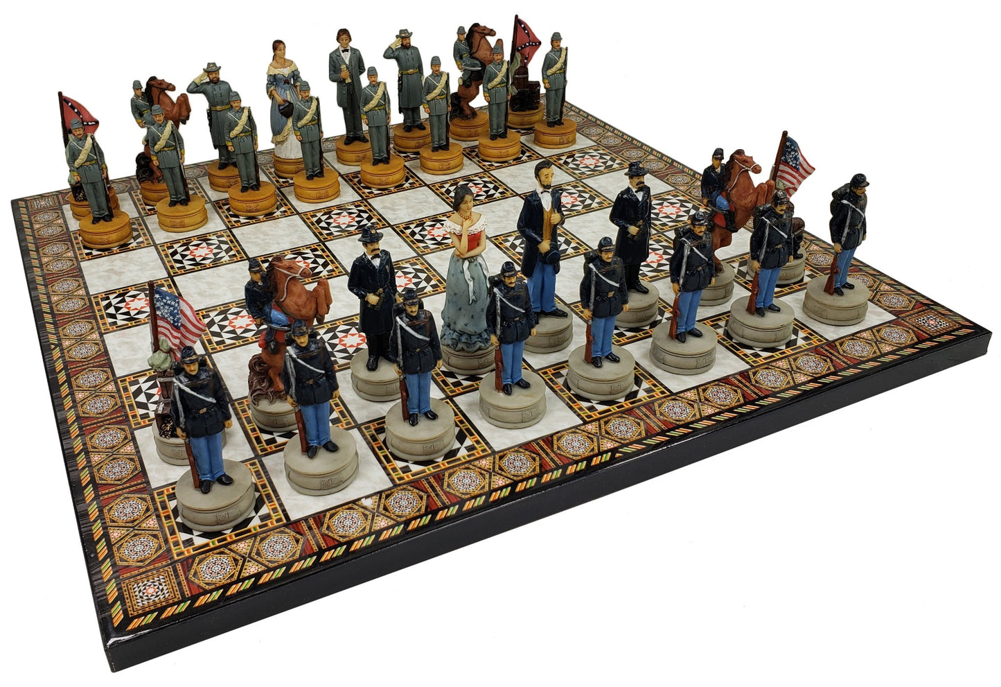 US American Civil War Queens Painted Chess Set W/ 14 1/2" Mosaic Color Board
