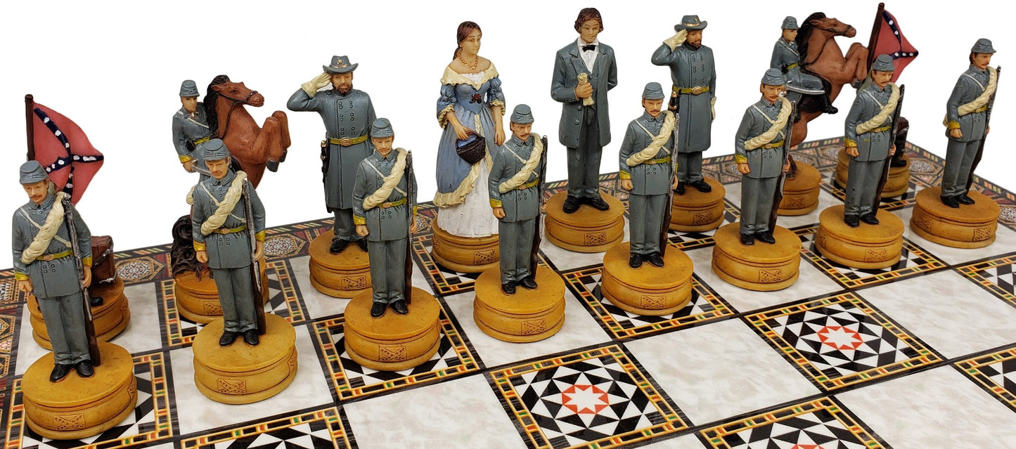 US American Civil War Queens Painted Chess Set W/ 14 1/2" Mosaic Color Board