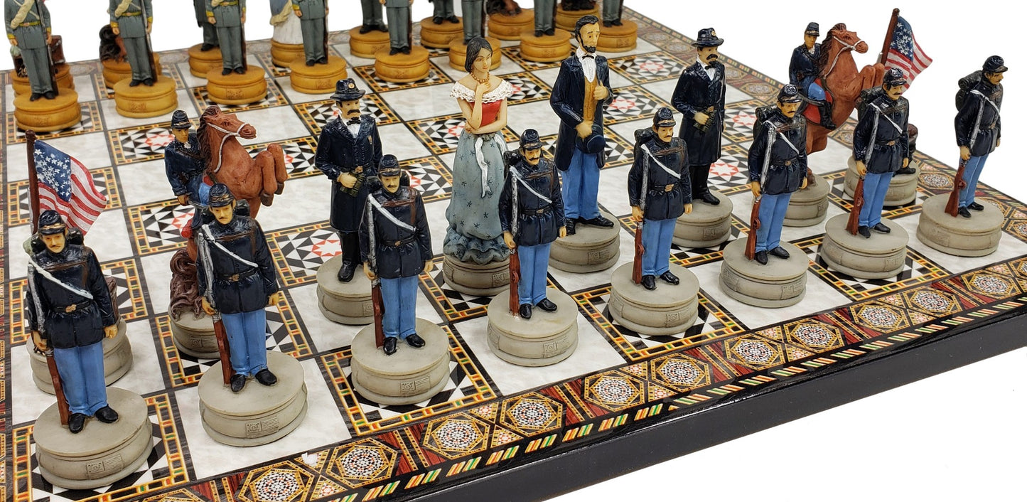 US American Civil War Queens Painted Chess Set W/ 14 1/2" Mosaic Color Board