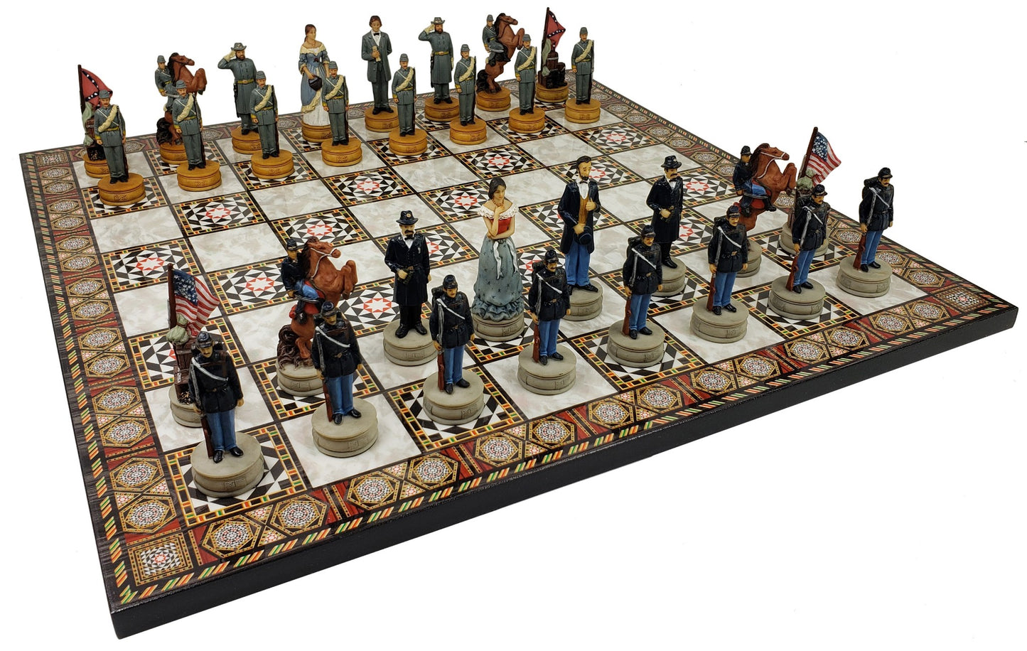 US American Civil War Queens Painted Chess Set W/ 17" Mosaic Color Board