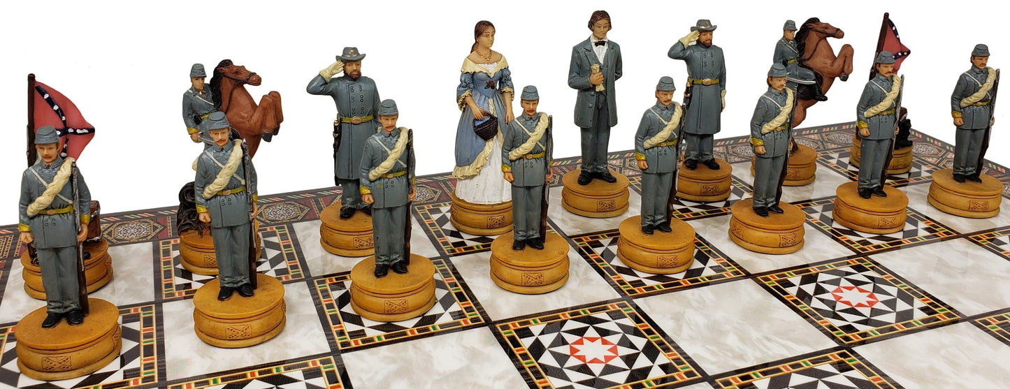 US American Civil War Queens Painted Chess Set W/ 17" Mosaic Color Board