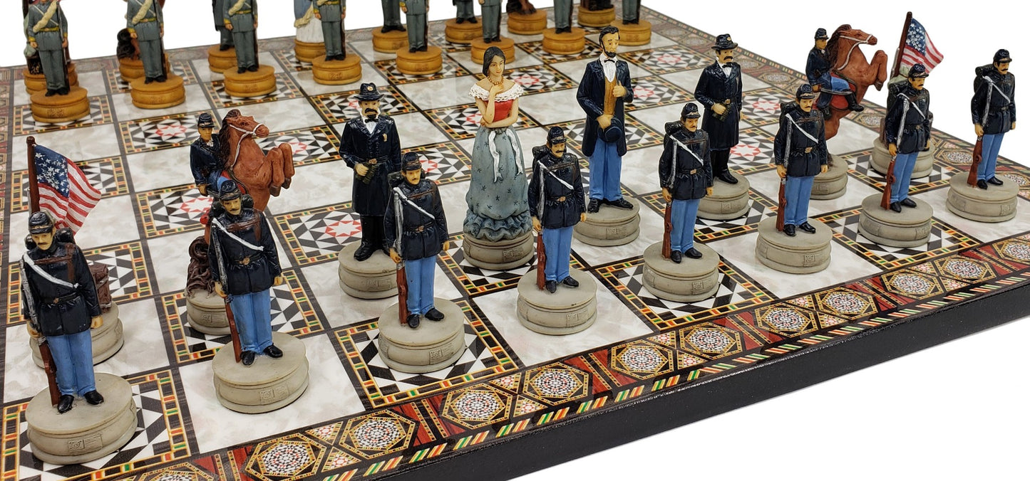 US American Civil War Queens Painted Chess Set W/ 17" Mosaic Color Board