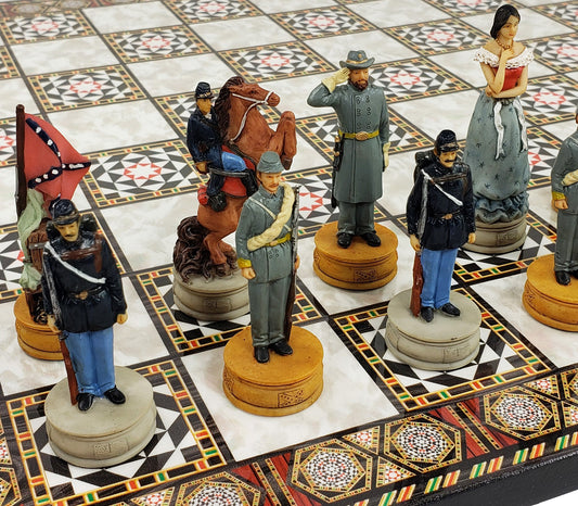 US American Civil War Queens Painted Chess Set W/ 17" Mosaic Color Board