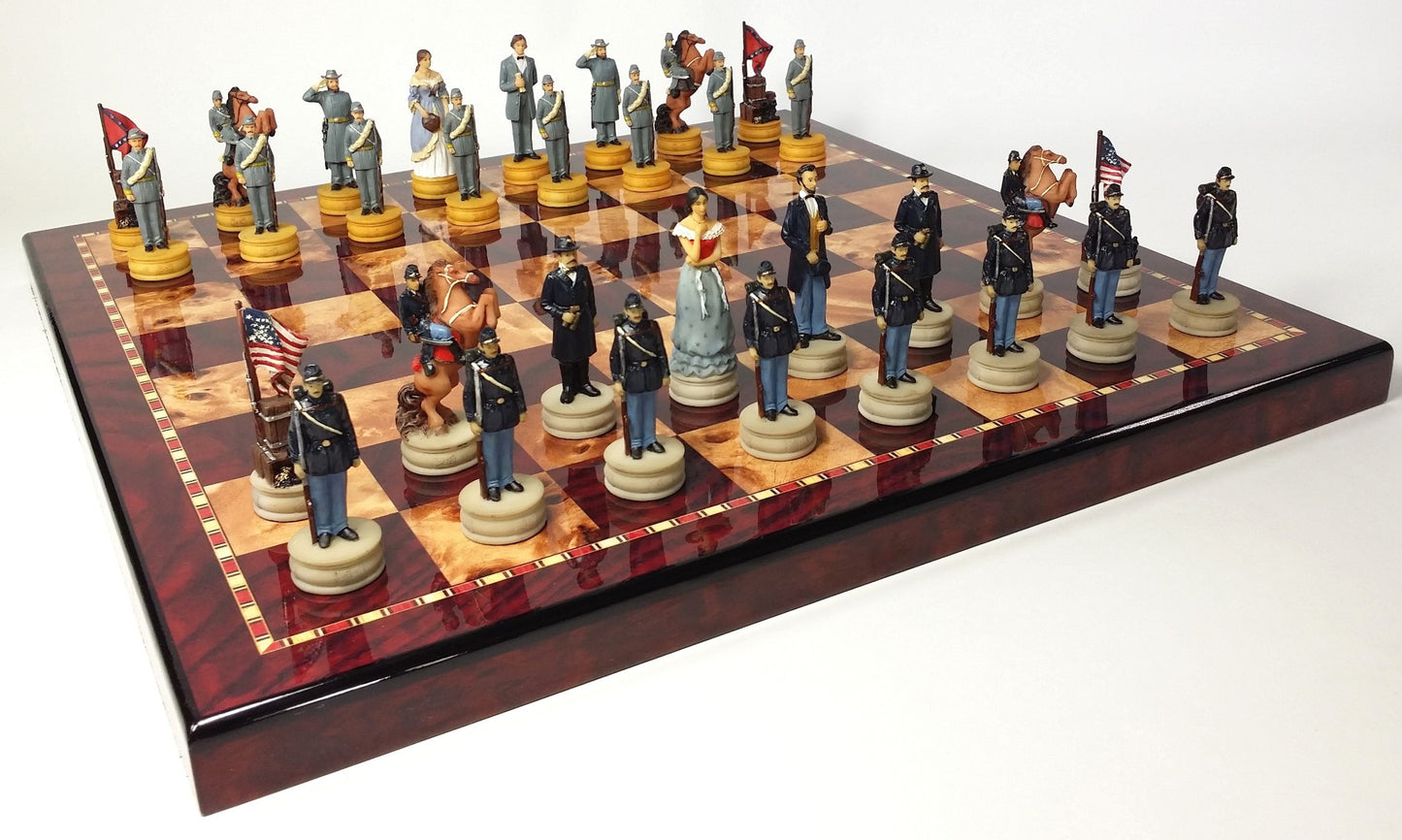 US American Civil War Queens Chess Set W 18" Cherry & Burlwood Color Board