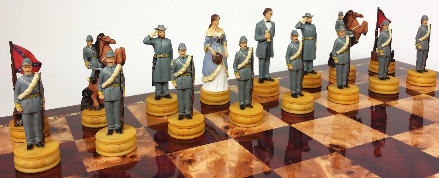 US American Civil War Queens Chess Set W 18" Cherry & Burlwood Color Board