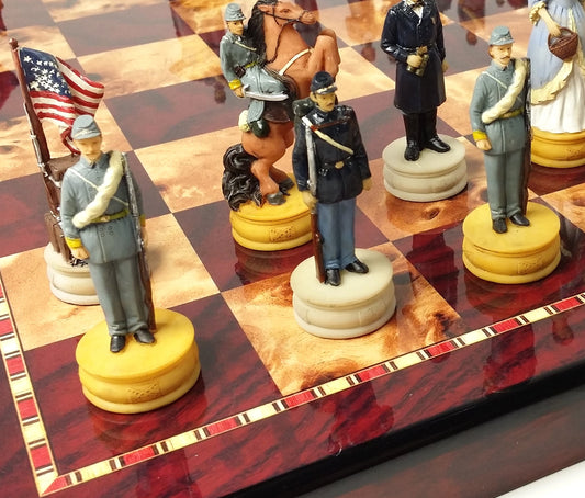 US American Civil War Queens Chess Set W 18" Cherry & Burlwood Color Board