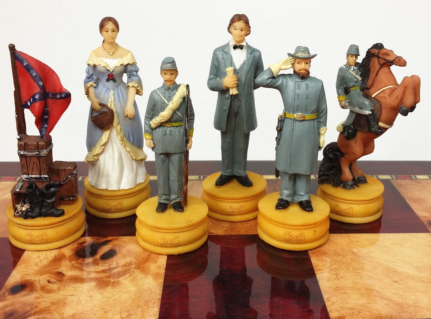 US American Civil War Queens Chess Set W 18" Cherry & Burlwood Color Board