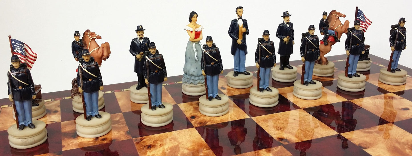 US American Civil War Queens Chess Set W/ Cherry & Burlwood Color Storage Board