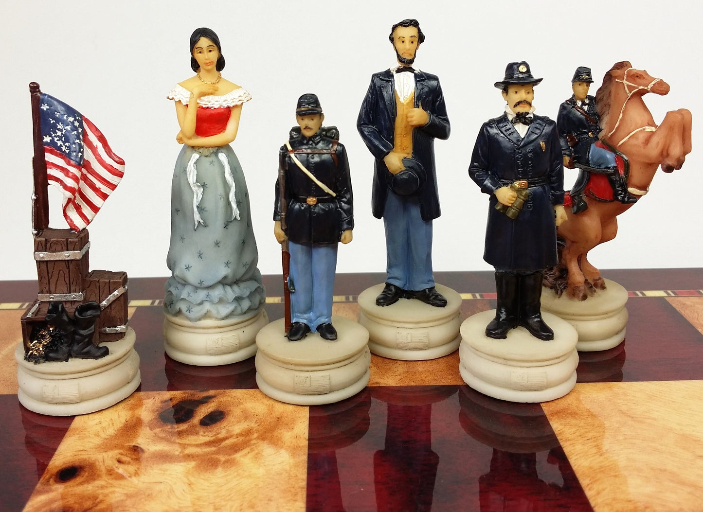 US American Civil War Queens Chess Set W 18" Cherry & Burlwood Color Board