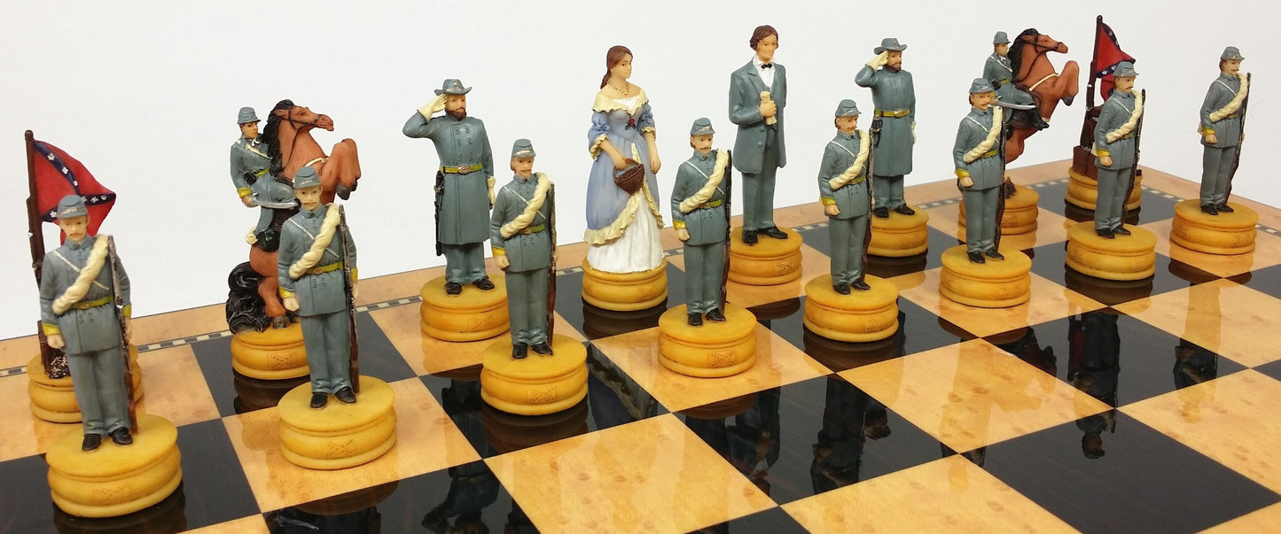 US American Civil War Queens Chess Set with 17" Gloss Walnut Color Storage Board