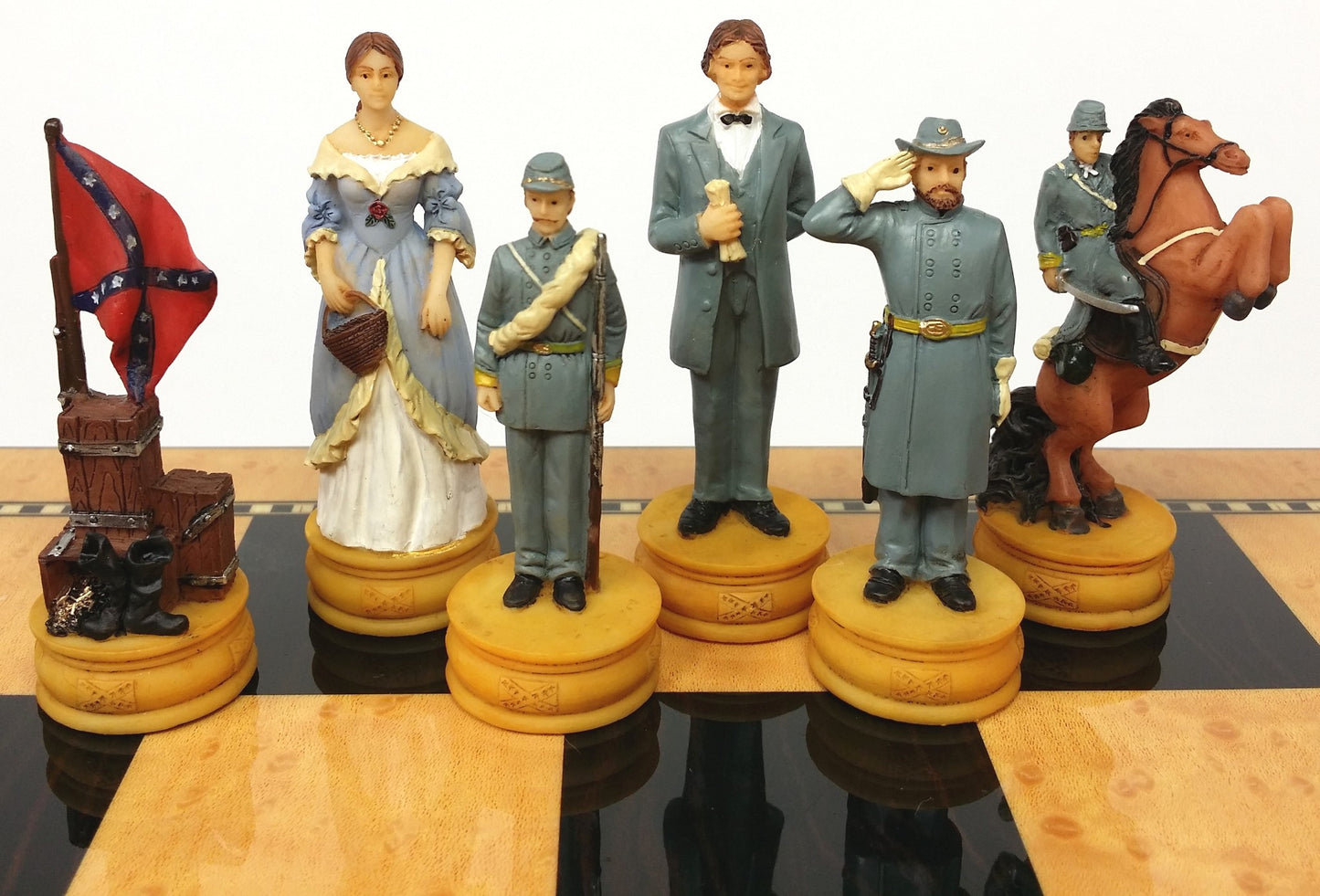 US American Civil War Queens Chess Set with 17" Gloss Walnut Color Storage Board