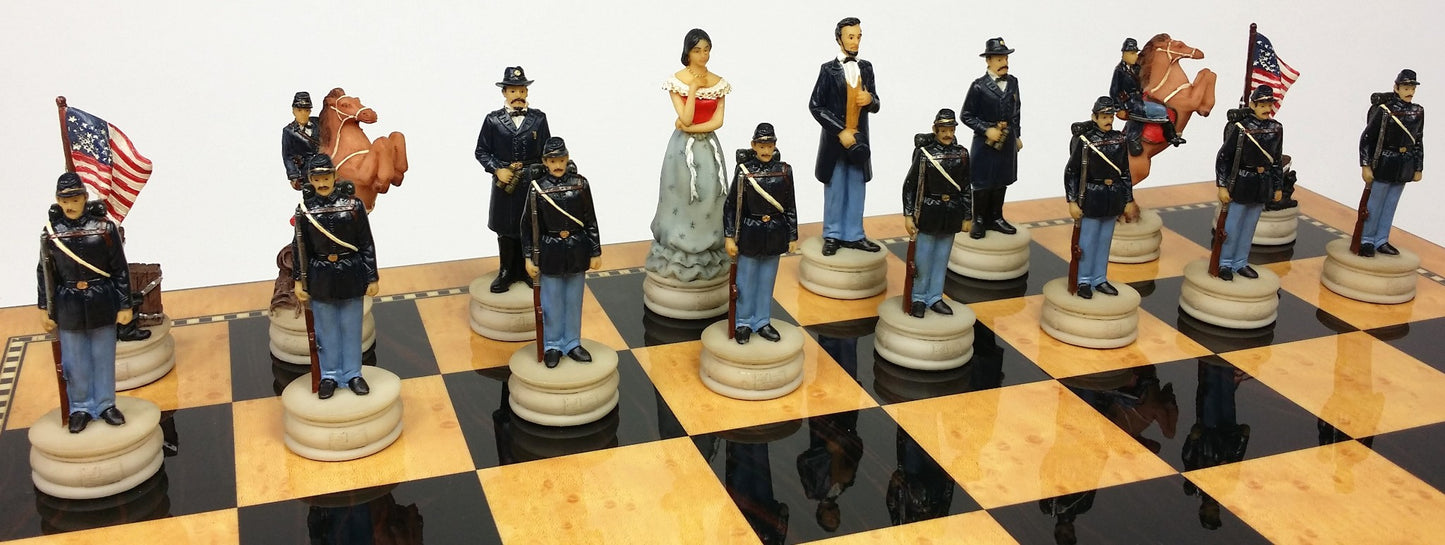 US American Civil War Queens Chess Set with 17" Gloss Walnut Color Storage Board