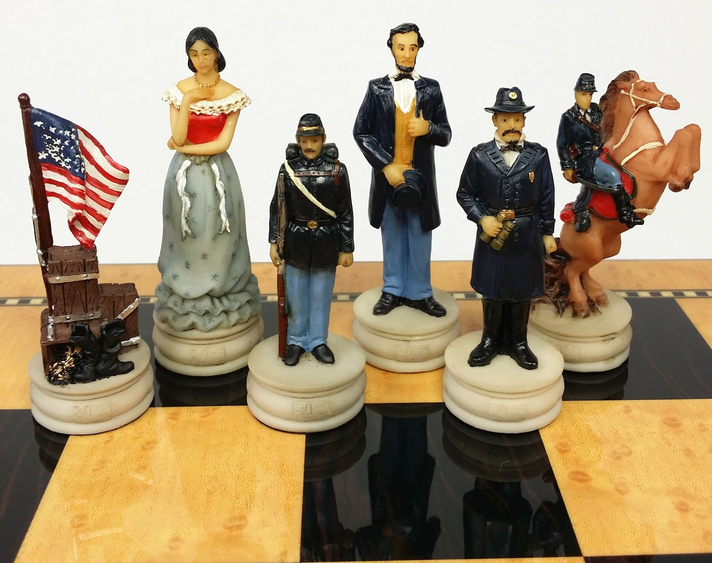 US American Civil War Queens Chess Set with 17" Gloss Walnut Color Storage Board