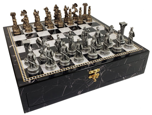 Greek Mythology Olympus Gods Chess Set Pewter Color w Black Faux Marble Storage