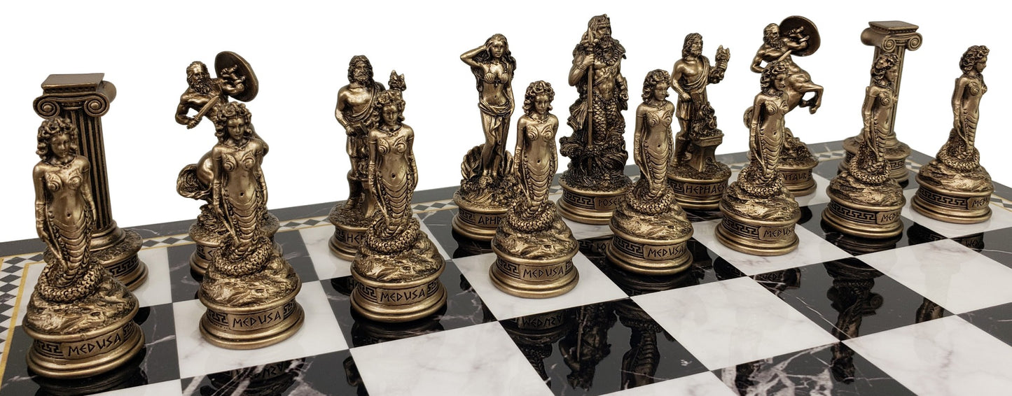 Greek Mythology Olympus Gods Chess Set Pewter Color w Black Faux Marble Storage