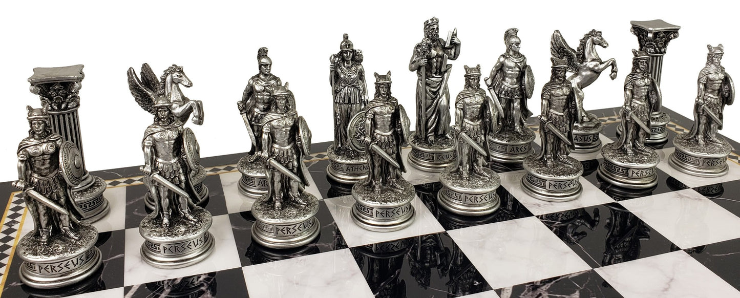 Greek Mythology Olympus Gods Chess Set Pewter Color w Black Faux Marble Storage