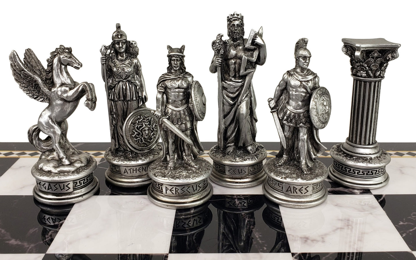 Greek Mythology Olympus Gods Chess Set Pewter Color w Black Faux Marble Storage