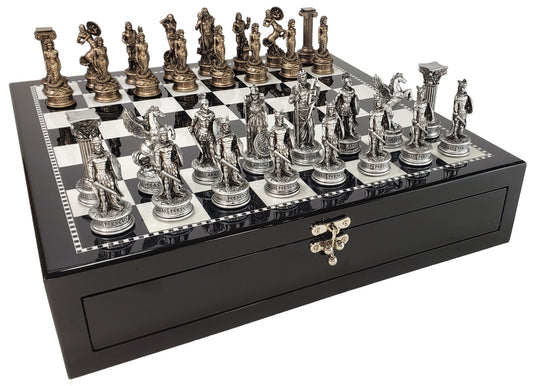 Greek Mythology Olympus Gods Chess Set Pewter Bronze Color 17" Black Storage  Bd