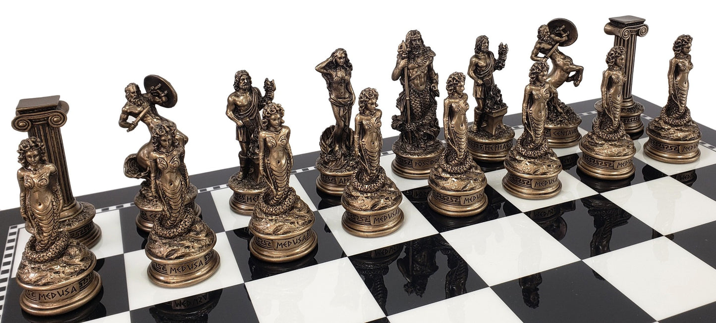 Greek Mythology Olympus Gods Chess Set Pewter Bronze Color 17" Black Storage  Bd