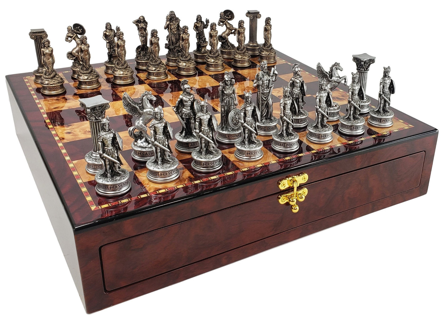 Greek Mythology Olympus Gods Chess Set Pewter Bronze Color Cherry Color Storage