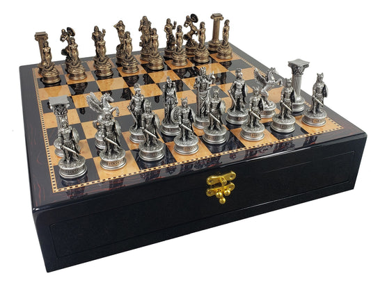 Greek Mythology Olympus Gods Chess Set Pewter Bronze Finish Walnut Color Storage