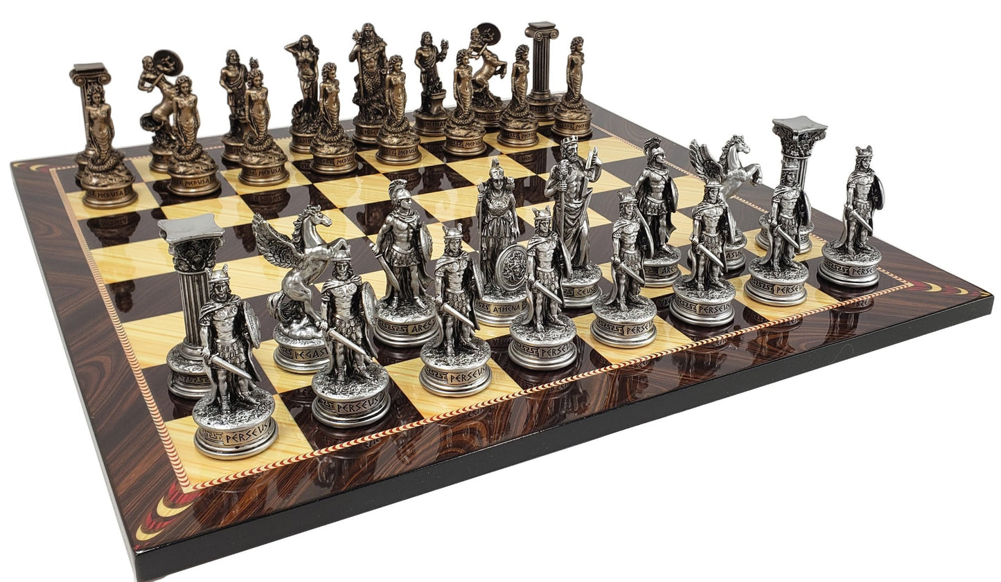 Greek Mythology Olympus Gods Chess Set Pewter Bronze Color W/ 17" Elegance Board