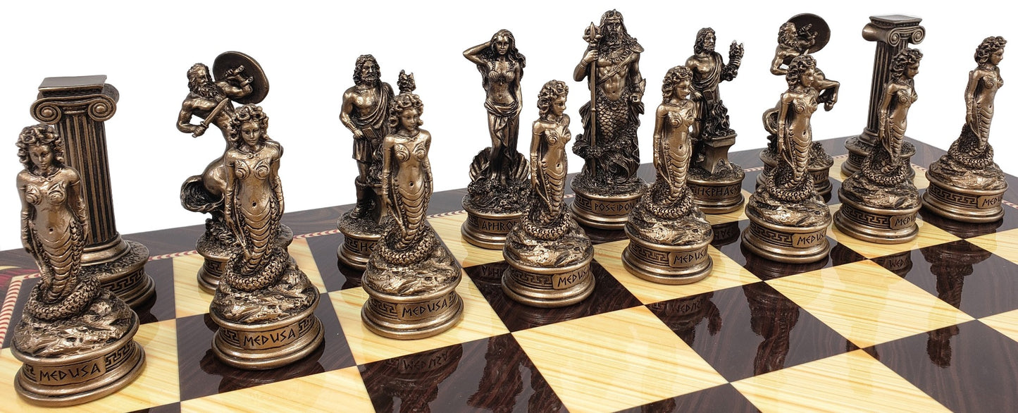 Greek Mythology Olympus Gods Chess Set Pewter Bronze Color W/ 17" Elegance Board