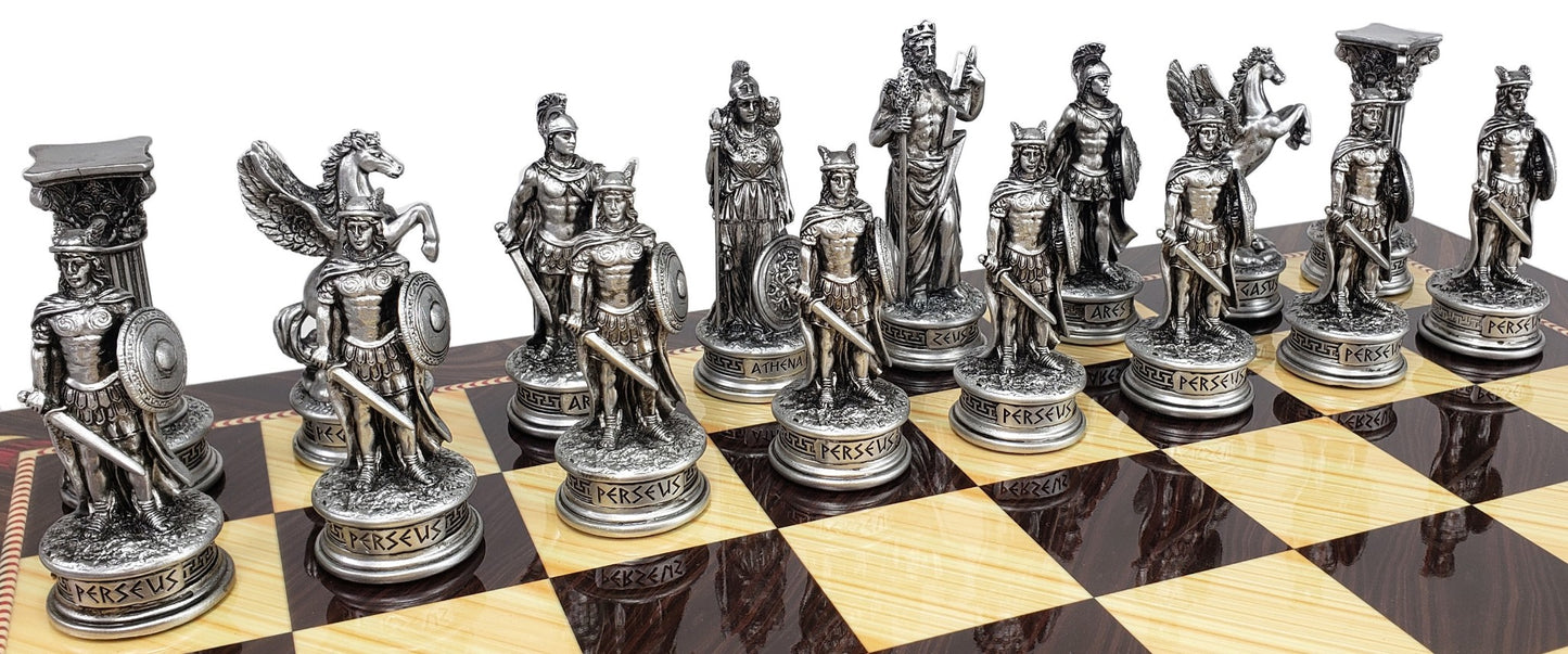 Greek Mythology Olympus Gods Chess Set Pewter Bronze Color W/ 17" Elegance Board