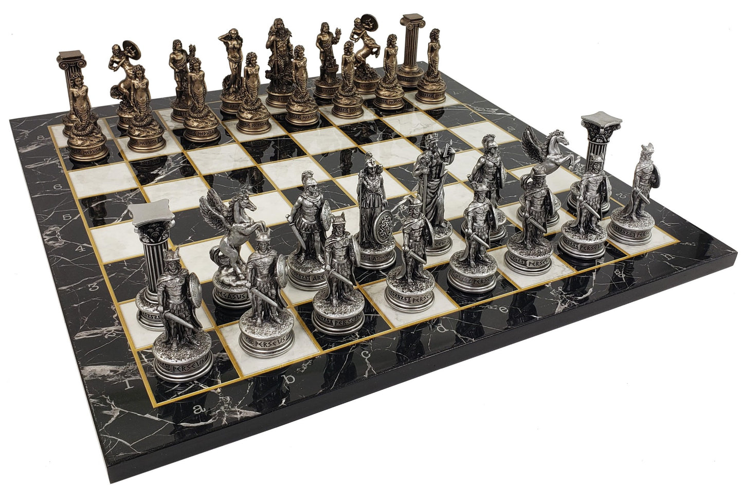 Greek Mythology Olympus Gods Chess Set Pewter Bronze Color 17" Faux Marble Board