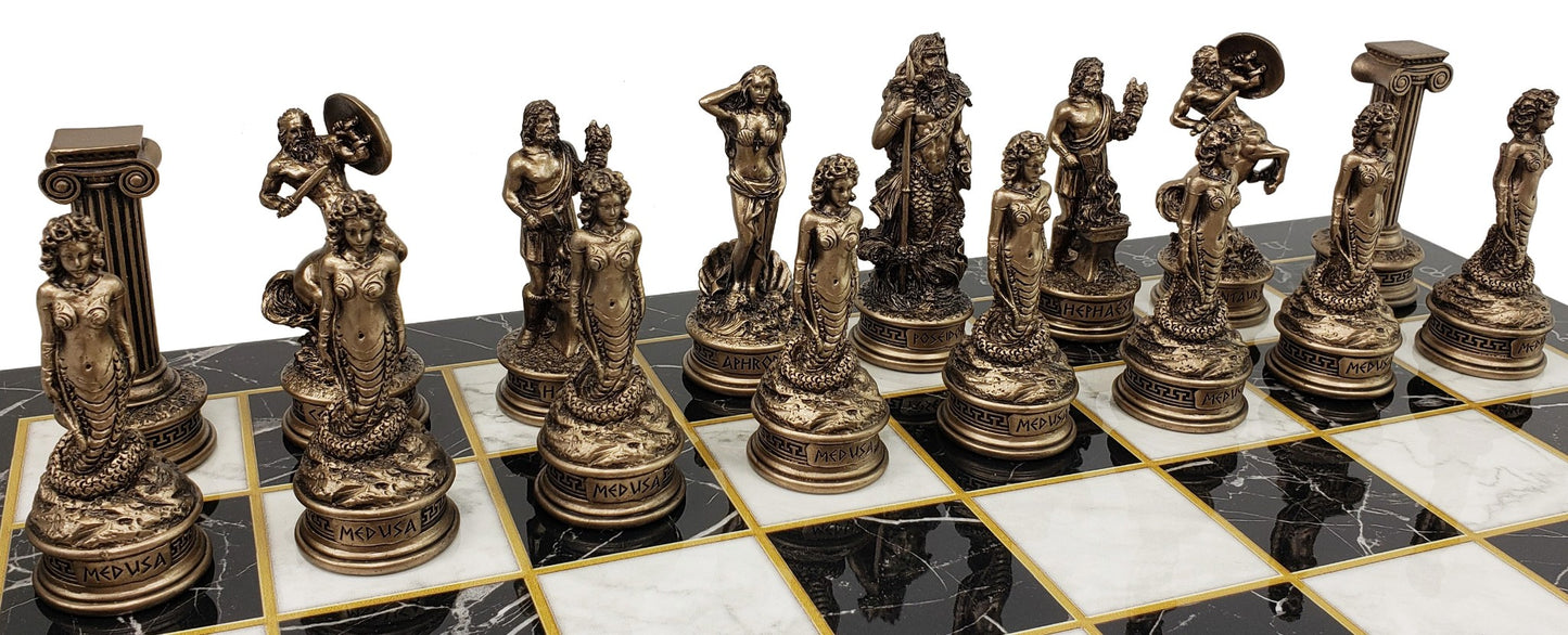 Greek Mythology Olympus Gods Chess Set Pewter Bronze Color 17" Faux Marble Board