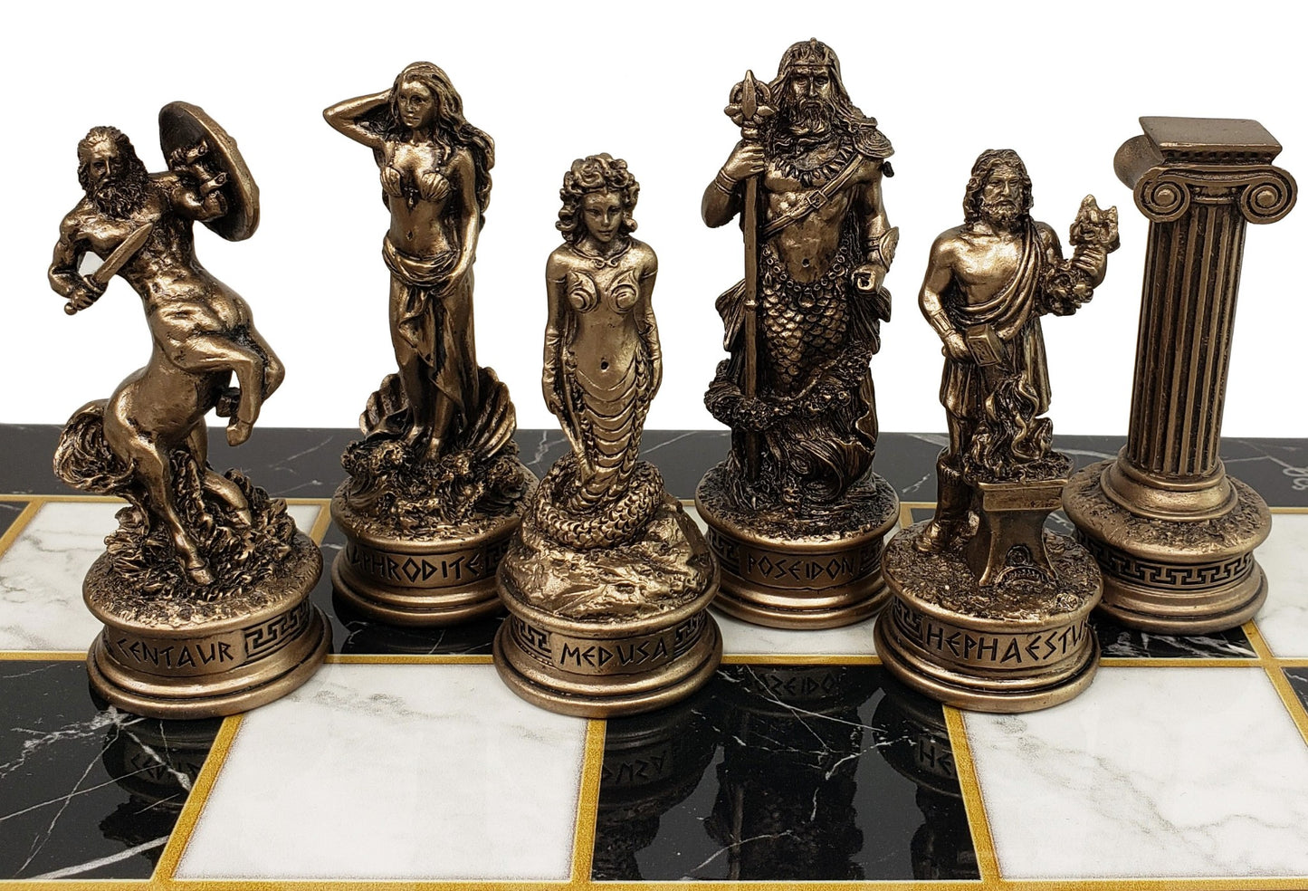 Greek Mythology Olympus Gods Chess Set Pewter Bronze Color 17" Faux Marble Board