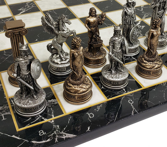 Greek Mythology Olympus Gods Chess Set Pewter Bronze Color 17" Faux Marble Board