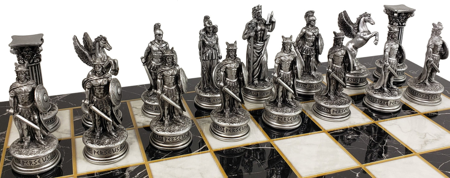 Greek Mythology Olympus Gods Chess Set Pewter Bronze Color 17" Faux Marble Board