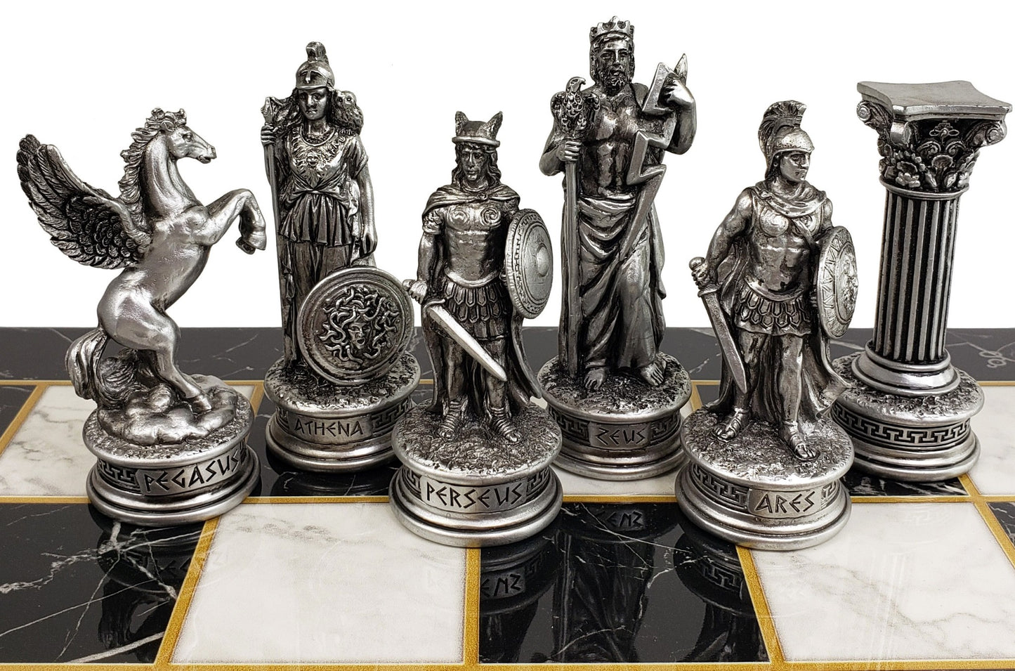 Greek Mythology Olympus Gods Chess Set Pewter Bronze Color 17" Faux Marble Board