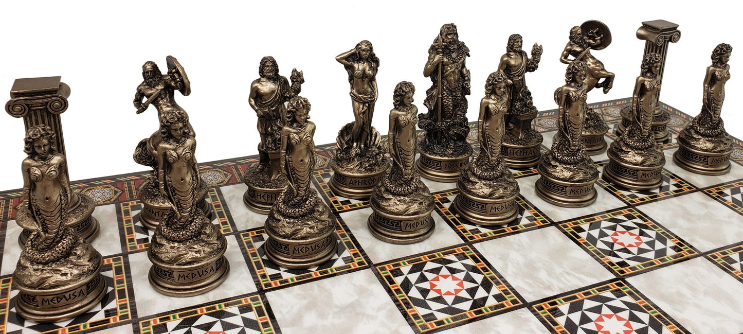 Greek Mythology Olympus Gods Chess Set Pewter Bronze Color17" Mosaic Color Board