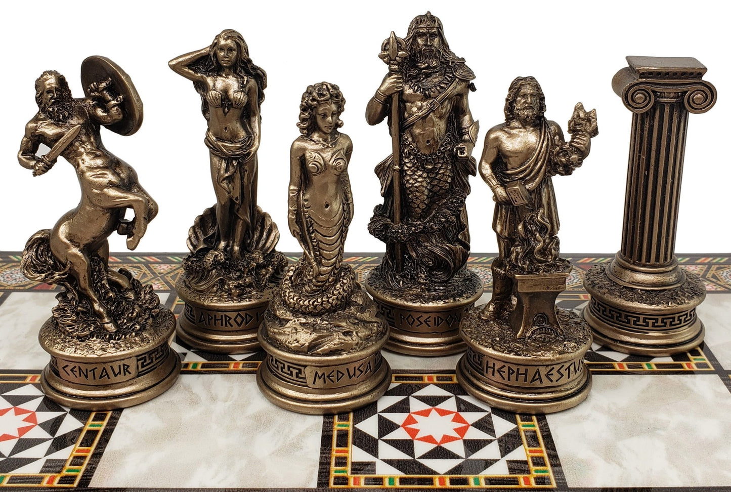 Greek Mythology Olympus Gods Chess Set Pewter Bronze Color17" Mosaic Color Board