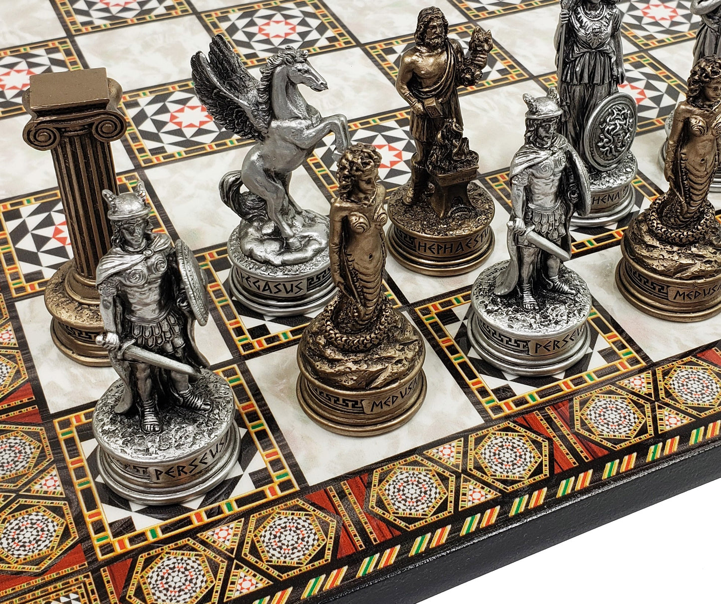 Greek Mythology Olympus Gods Chess Set Pewter Bronze Color17" Mosaic Color Board