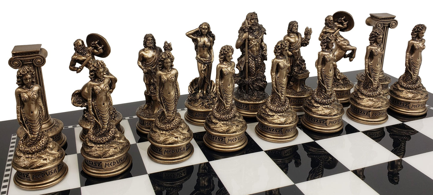 Greek Mythology Olympus Gods Chess Set Pewter Bronze Color 15" Black White Board